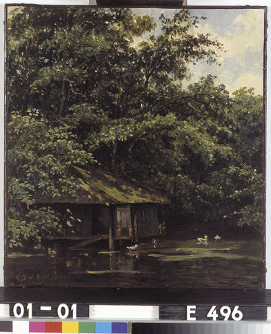 Bosgezicht met huisje aan de oever, 1862, Cornelis Johannes de Vogel
