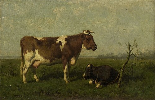 A Cow with her Calf in a Meadow, 1879, Jan Vrolijk