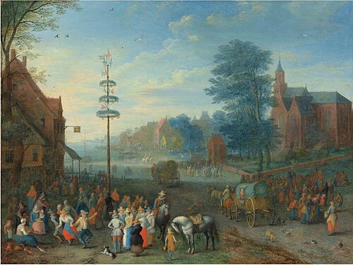 A village kermesse with figures dancing around a maypole, 1725, Joseph van Bredael