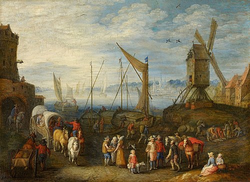 Harbour scene with a Windmill, 1706, Joseph van Bredael