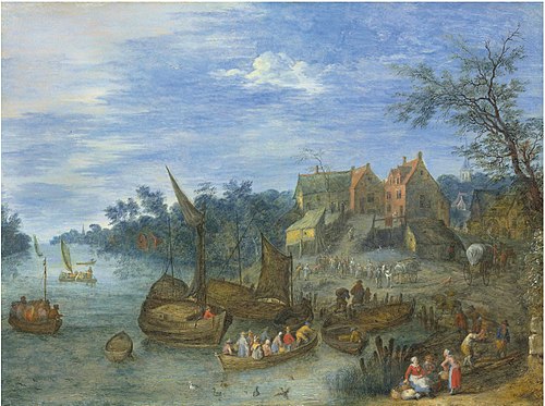 A river landscape with boats by a village.jpg, 1706, Joseph van Bredael