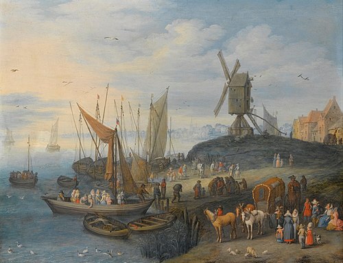 A River Landscape with Figures both on a Ferry and Waiting on the Shore Beneath a Windmill, , Joseph van Bredael