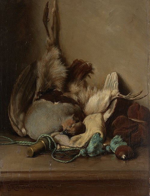 Still life with Wood Pigeon and Powder Horn, 1874, Guillaume Anne van der Brugghe
