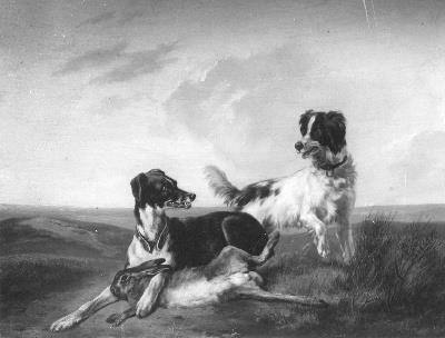 Twee honden strijden om een haas, 1843, Guillaume Anne van der Brugghe