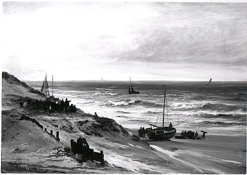 Het strand bij Scheveningen bij regenachtig weer, 1839, Johannes Adrianus van der Drif