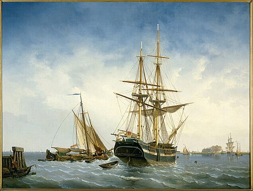 Het voor anker liggende brikschip Holland en enige andere binnenvaartschepen op het IJ, 1854, Willem Gruyter