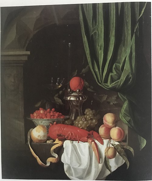 Sumptuous Still Life with Lobster, Fruit, Silver Saltcellar, and Wine Glass in a Niche, 1650, Johannes Hannot