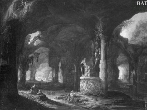 Large rocky grotto with bearded Idol and figures, 1645, Petrus van Hattich