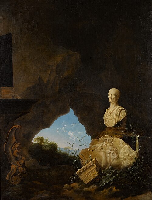 Cave interior with a bust and fragments of antique sculpture, 1664, Petrus van Hattich