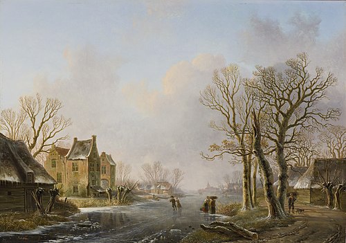 Skaters on a Frozen River, Dordrecht, 1849, Willem de Klerk