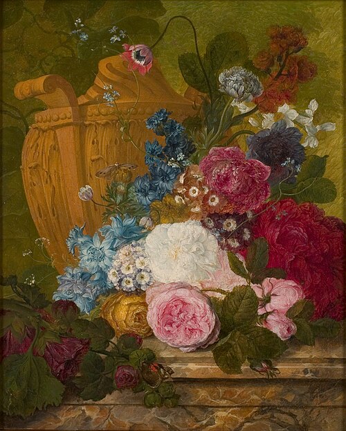 Een vaas met bloemen op een marmeren blad, , Jacobus Linthorst