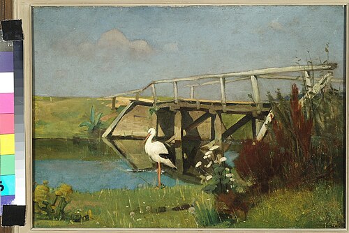 Landscape with stork and wooden bridge, 1885, Piet Meiners