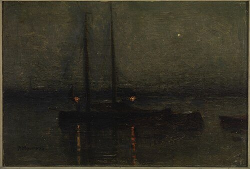 Schepen op de Rijn bij Oosterbeek (bij avond), , Piet Meiners
