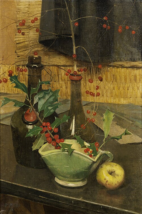 Still life with holly, fire test, apple and bottles, 1901, Piet Meiners