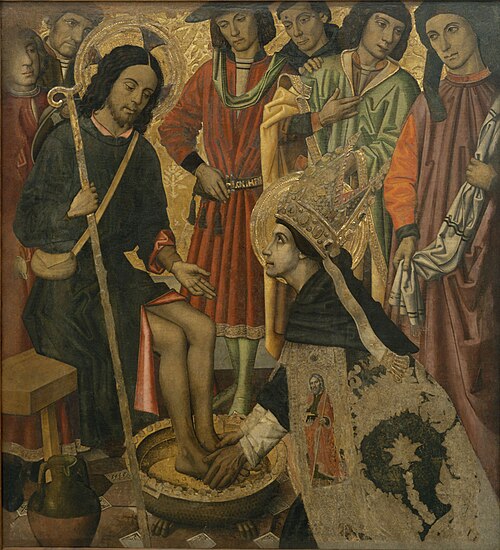 Saint Augustine washing the feet to Pilgrim Jesus, 1470, Pablo Vergós