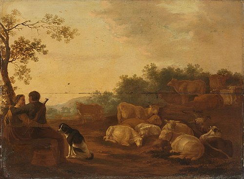 Landscape with sheperd, sheperdess and cattle, 1632, Willem Ossenbeeck