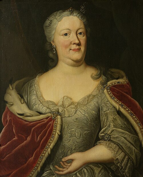 Portrait of Maria Louisa van Hessen-Kassel, called Maaike-Meu. Widow of the Stadtholder of Friesland, 1750, Johann Philipp Behr