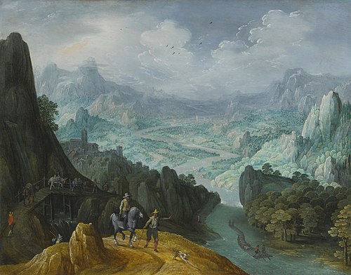 Mountainous river landscape with travelers, 1620, Tobias Verhaecht