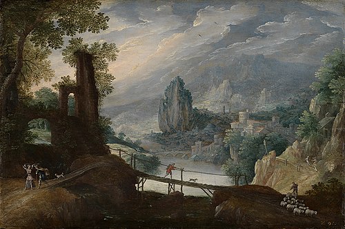 Mountain landscape with Tobias and the Angel, 1600, Tobias Verhaecht