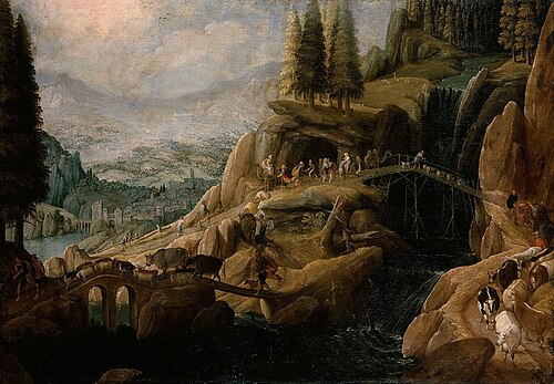 Mountain landscape with the separation of Abraham and Lot, 1609, Tobias Verhaecht