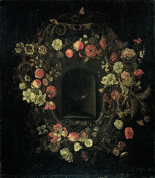 Wreath of flowers encircling a niche, 1661, Karel Batist