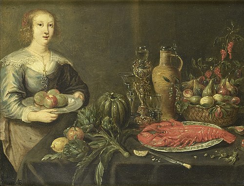 A young woman near a table with fruits, 1650, Monogrammist AS