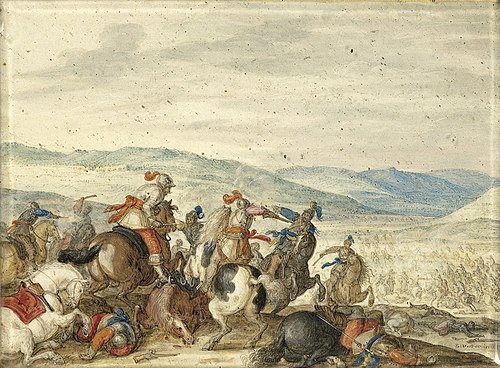 Equestrian Battle in a Mountainous Landscape, 1638, Bartholomäus Dietterlin