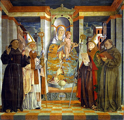 Madonna Enthroned between Saints Louis of Toulouse, Anthony, Francis, and Prosdocimus, 1494, Girolamo da Treviso il Vecchio