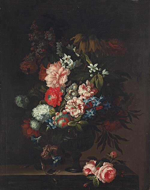 Tulips, carnations, chrysanthemums and other flowers in a glass vase, with roses on a stone ledge, 1719, Pieter Hardimé