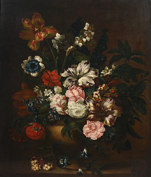 Mixed bunch of flowers in a vase, 1712, Pieter Hardimé