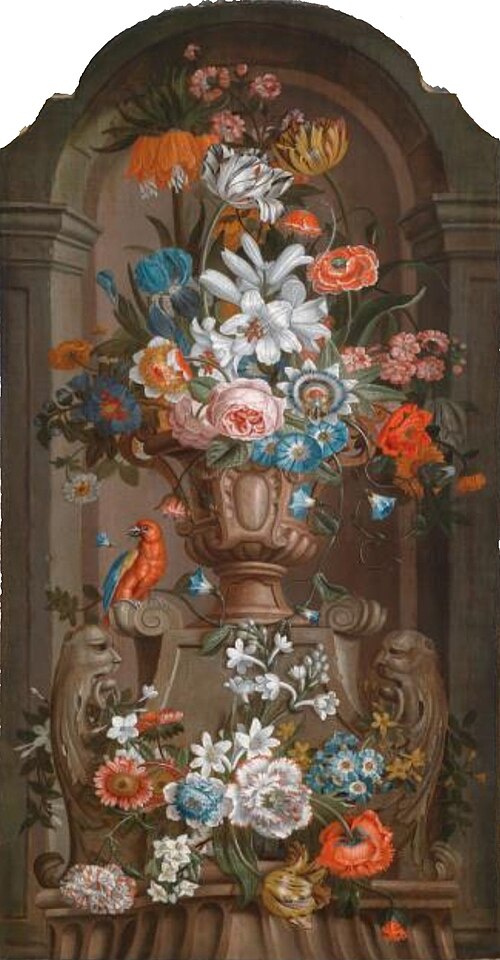 Magnificent still life and a vase of flowers and a parrot in a niche, 1712, Pieter Hardimé