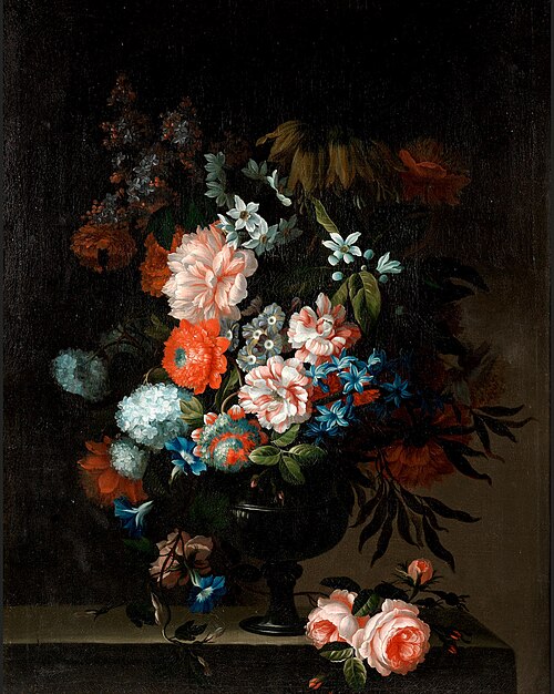 Tulips, carnations, chrysanthemums and other flowers in a glass vase with roses on a stone ledge, 1712, Pieter Hardimé