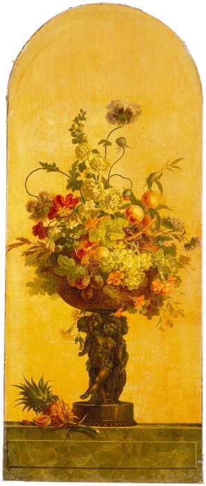 Geschilderd behangsel met voorstelling van bloemen en vruchten in een vaas, 1806, Willem van Leen