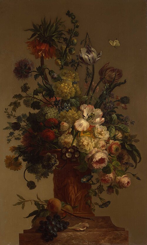 Bloemen in een vaas op marmeren sokkel, , Willem van Leen