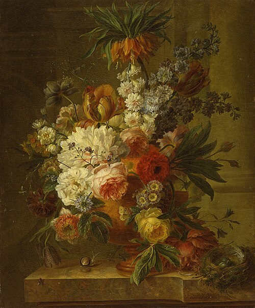 Stilleven met bloemen en vogelnest, 1800, Willem van Leen