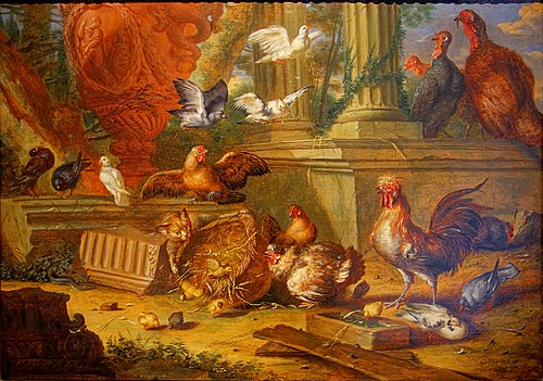 Classical Ruin with a Cat and Poultry, 1667, Christoffel Puytlinck