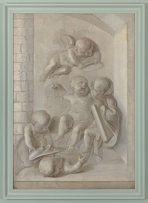 Allegorische voorstelling met een engeltje en vier putti, 1762, Nicolaas Reyers