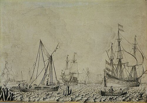 Voor anker liggende zeeschepen en lichters, 1650, Experiens Sillemans