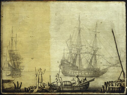 Men in a boat with two Dutch ships nearby, 1651, Experiens Sillemans