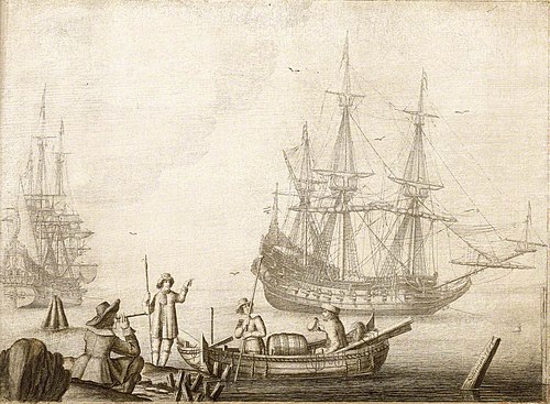 Men in a Boat Near Two Dutch Ships, 1652, Experiens Sillemans