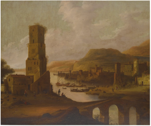 AN EXTENSIVE RIVER LANDSCAPE WITH A BRIDGE, 1600, Dirck Verhaert