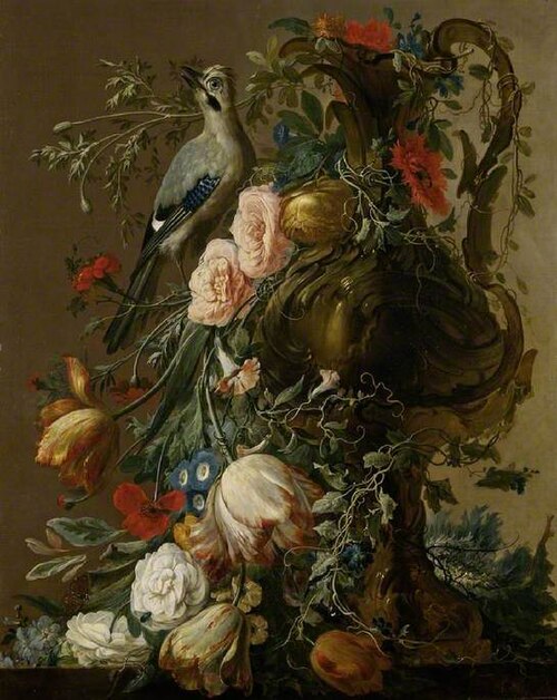 A sculpted stone vase with Roses, Anniula, Poppies, Convolvulus, with a Jay on a ledge, 1760, Jacobus Vonck