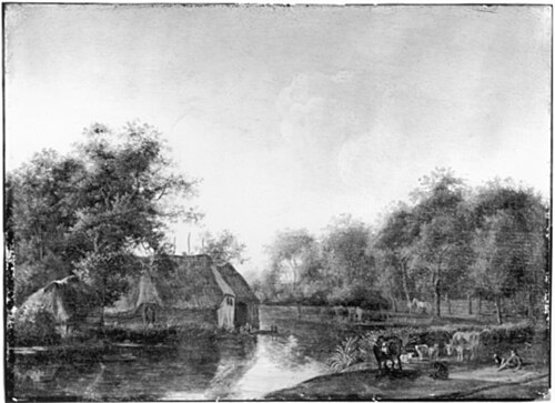 Flusslandschaft mit Hütten und Vieh, , Cornelis van Zwieten