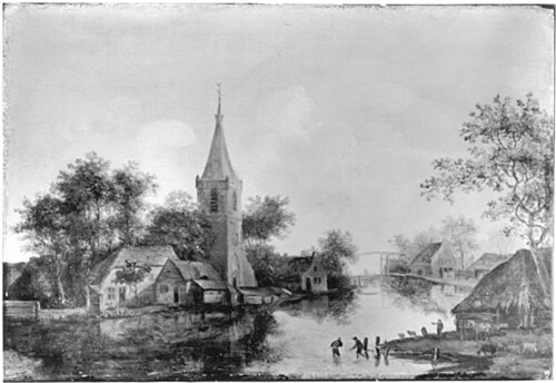 Flusslandschaft mit Kirche und Dorf, , Cornelis van Zwieten