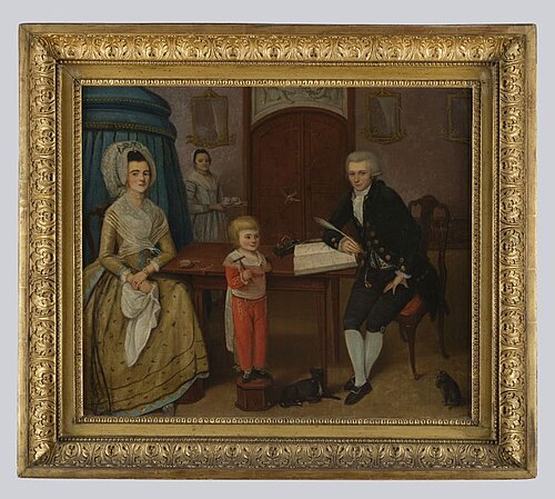 Familieportret, man, vrouw en kind in interieur, 1789, Hendricus Johan Antonius Baur