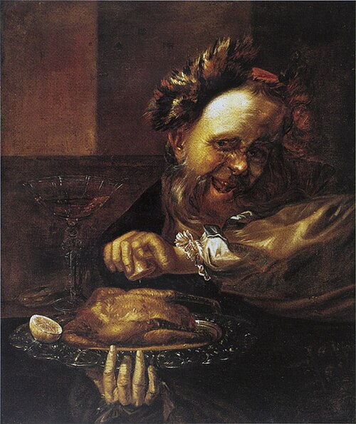 A bearded man squeezing a lemon over a roasted bird on a plate, 1676, Daniël Boone