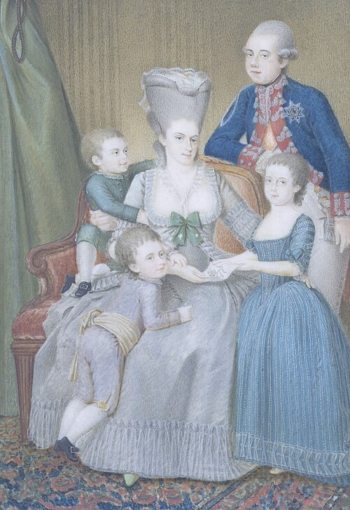 Family portrait of stadtholder Willem V (1748-1806), Wilhelmina van Pruisen (1751-1820) and their th, 1779, Pieter le Sage