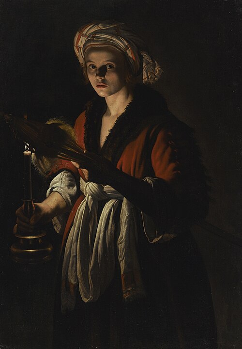 A young woman holding a distaff before a lit candle, , Adam de Coster