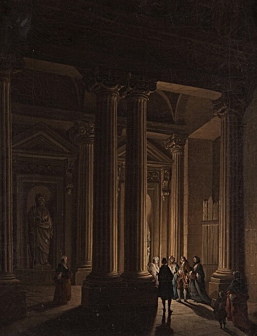 Rokokogesellschaft in abendlich beleuchteter, klassizistischer Architektur, , Carl Friedrich Fechhelm