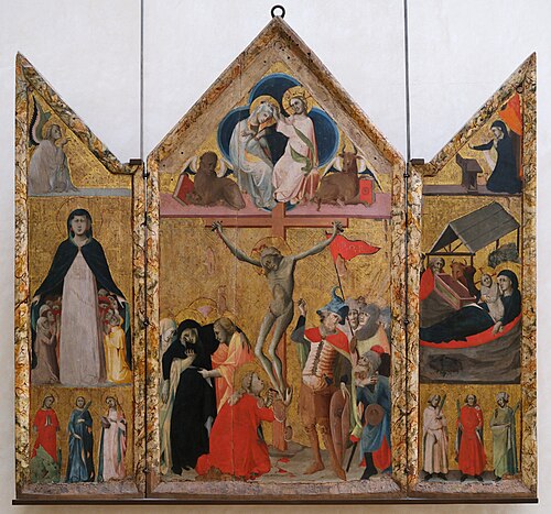 Triptyque à volets mobiles avec Crucifixion, Couronnement de la Vierge, Annonciation, Vierge de Misé, 1333, Maître de 1333